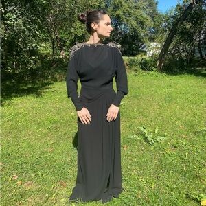 Vintage 1940s rayon crepe beaded gown maxi dress gel sequins glam witchy gothic